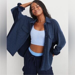 Navy Blue Lumber Jane Waffle Knit Button Down